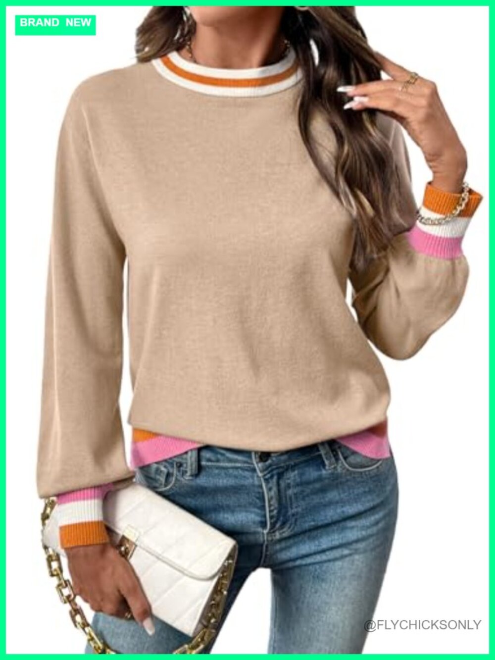 SHEWIN Womens Sweaters Crew Neck Long Sleeve Knit Color Block Fall Outfit